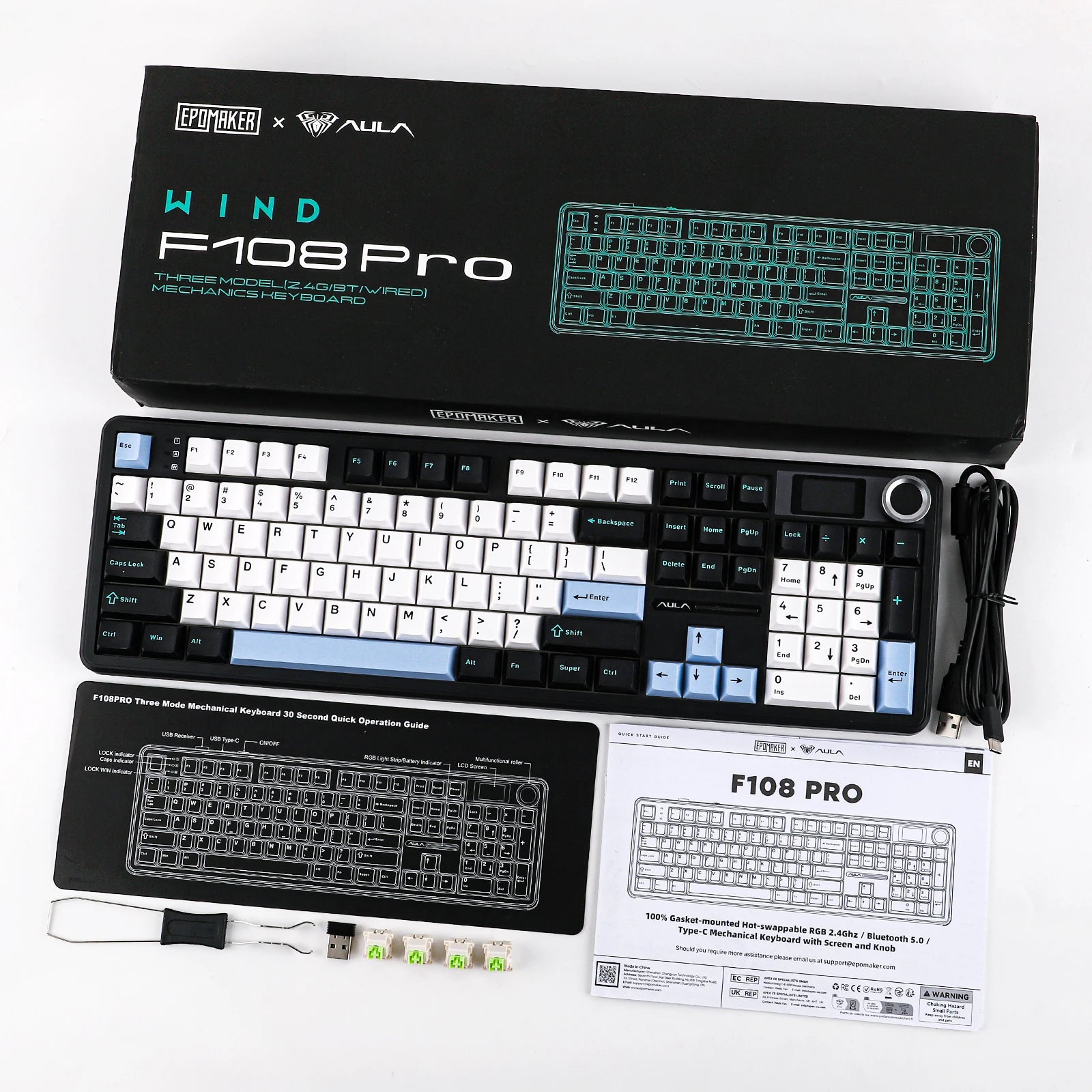 EPOMAKER X AULA F108 PRO Full Size 100% ANSI Layout Hot Swap Wired/2.4GHz/Bluetooth Wireless Mechanical Keyboard RGB Backlight
