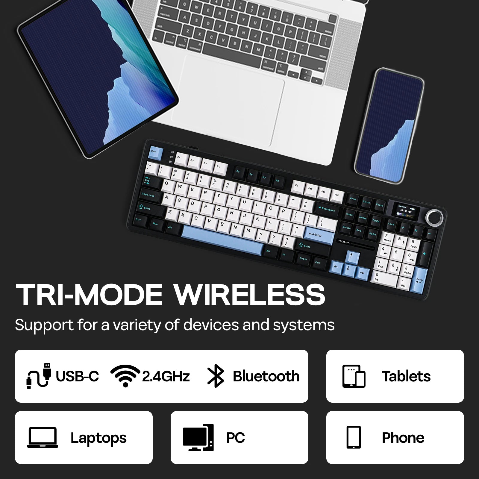 EPOMAKER X AULA F108 PRO Full Size 100% ANSI Layout Hot Swap Wired/2.4GHz/Bluetooth Wireless Mechanical Keyboard RGB Backlight