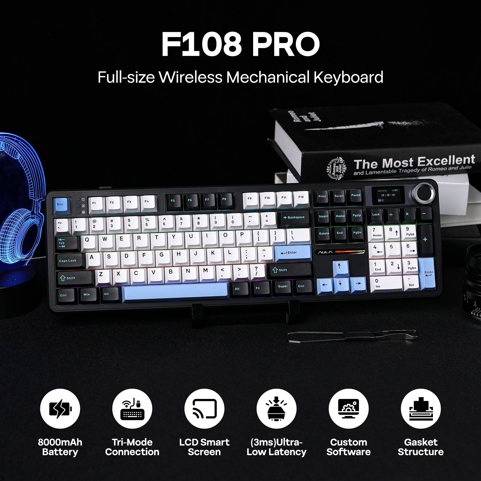 EPOMAKER X AULA F108 PRO Full Size 100% ANSI Layout Hot Swap Wired/2.4GHz/Bluetooth Wireless Mechanical Keyboard RGB Backlight